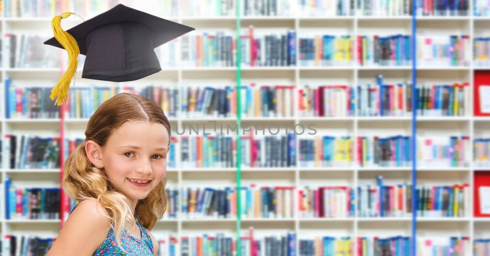 Digital composite of School girl in education library with graduation hat