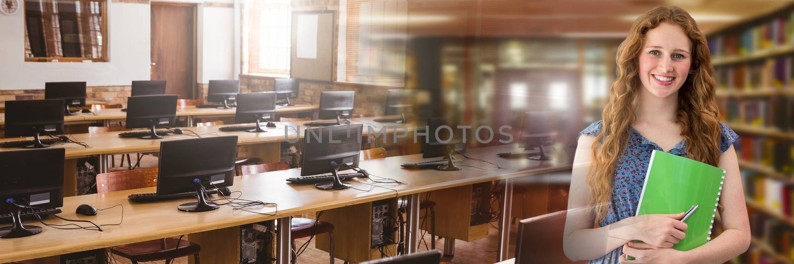 Digital composite of Student woman in education library with computer study transition