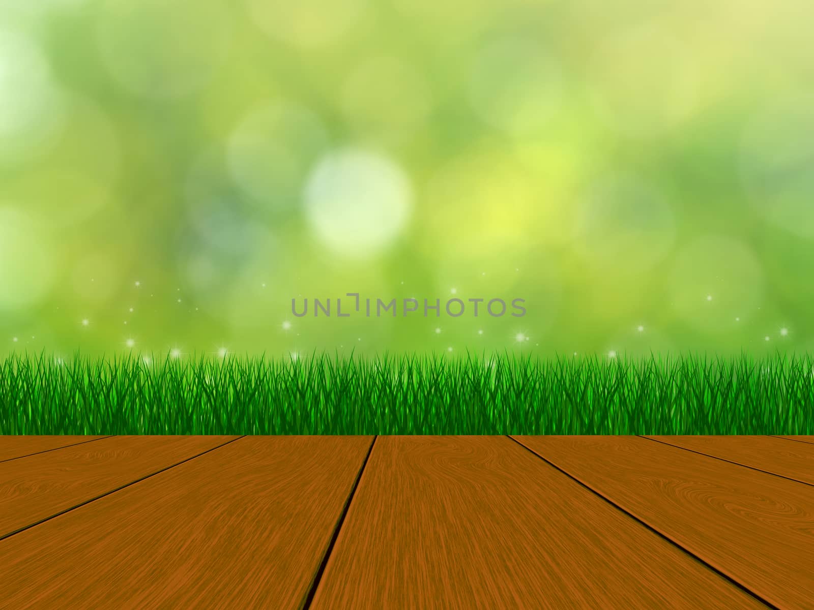 Spring background with green grass, bokeh, brown wood table. An empty space for copy.
