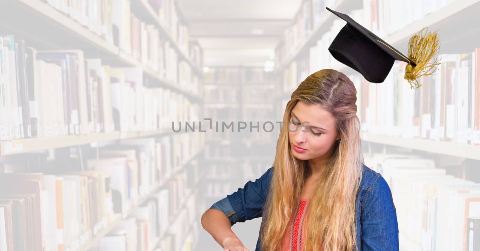 Digital composite of Student woman in education library with graduation hat
