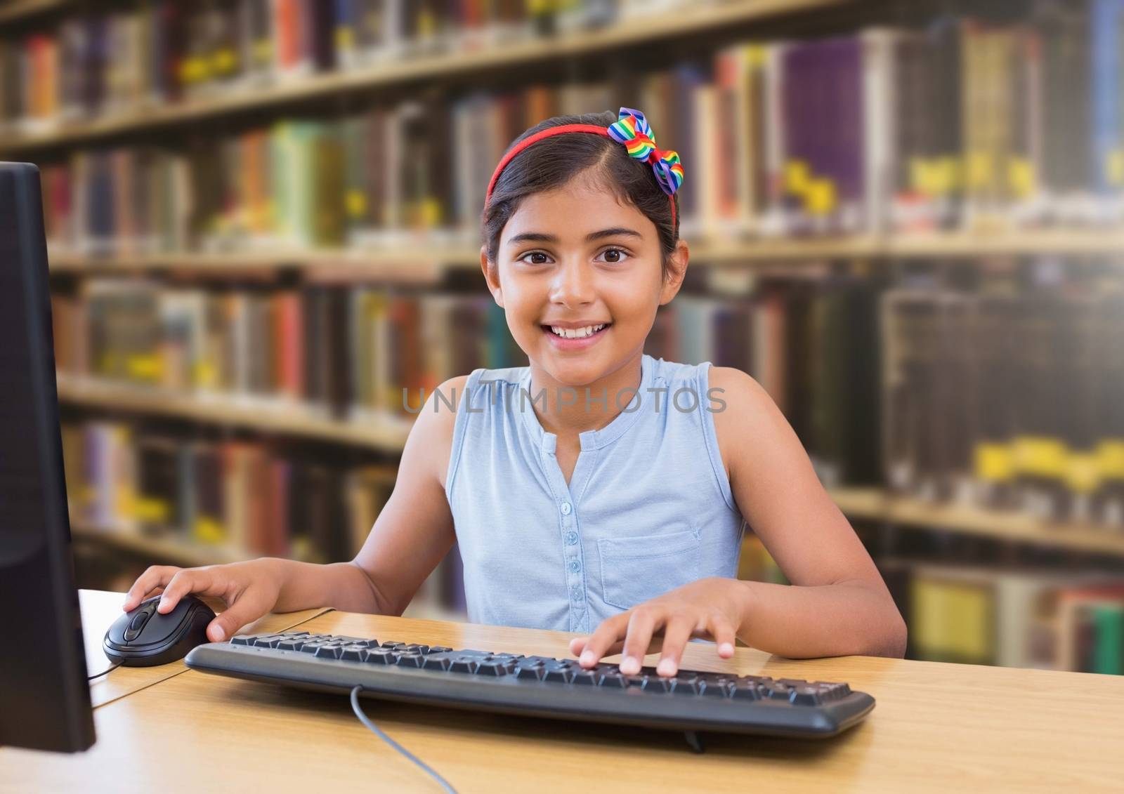 Digital composite of School girl in education library