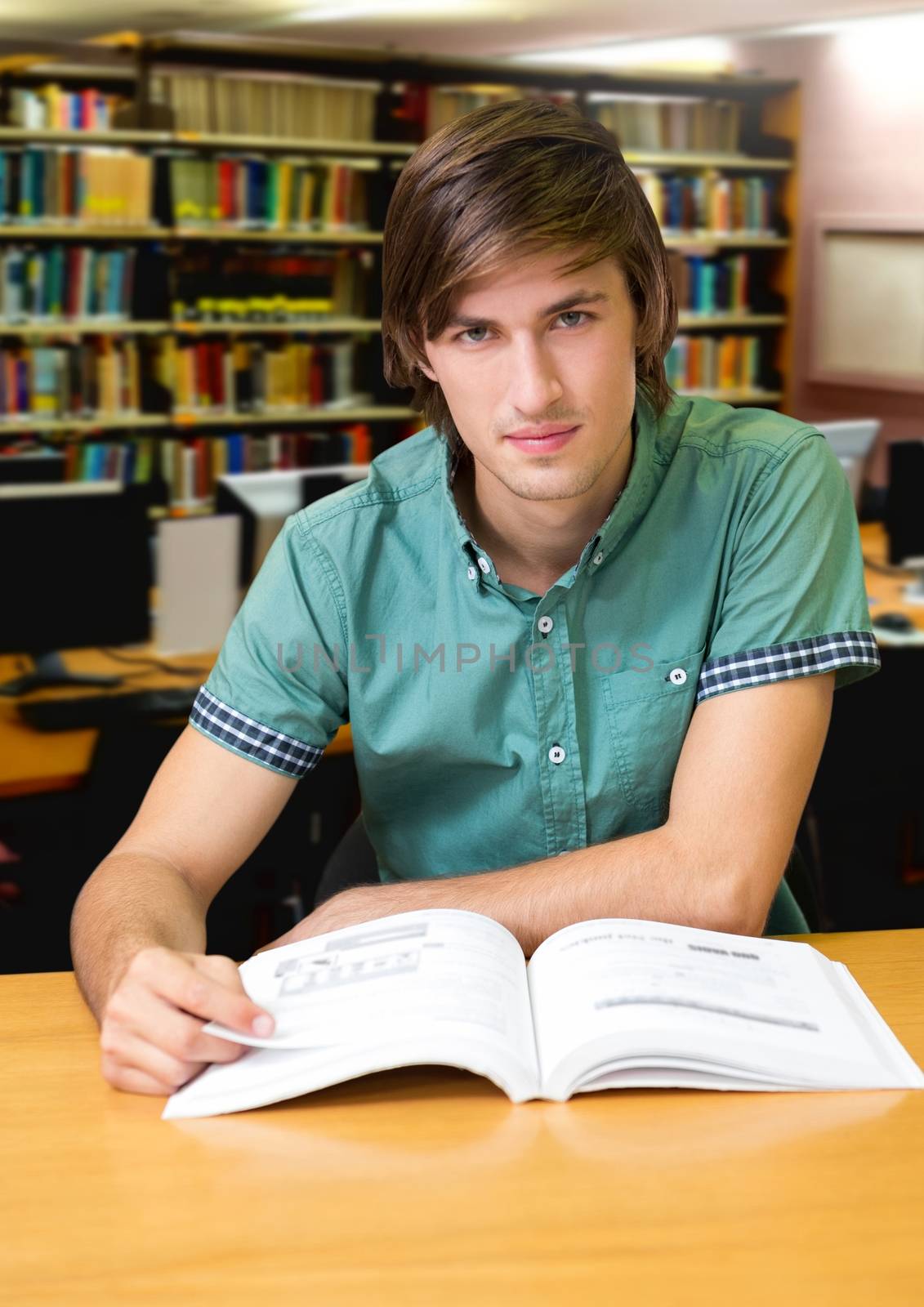 Digital composite of Student man in education library