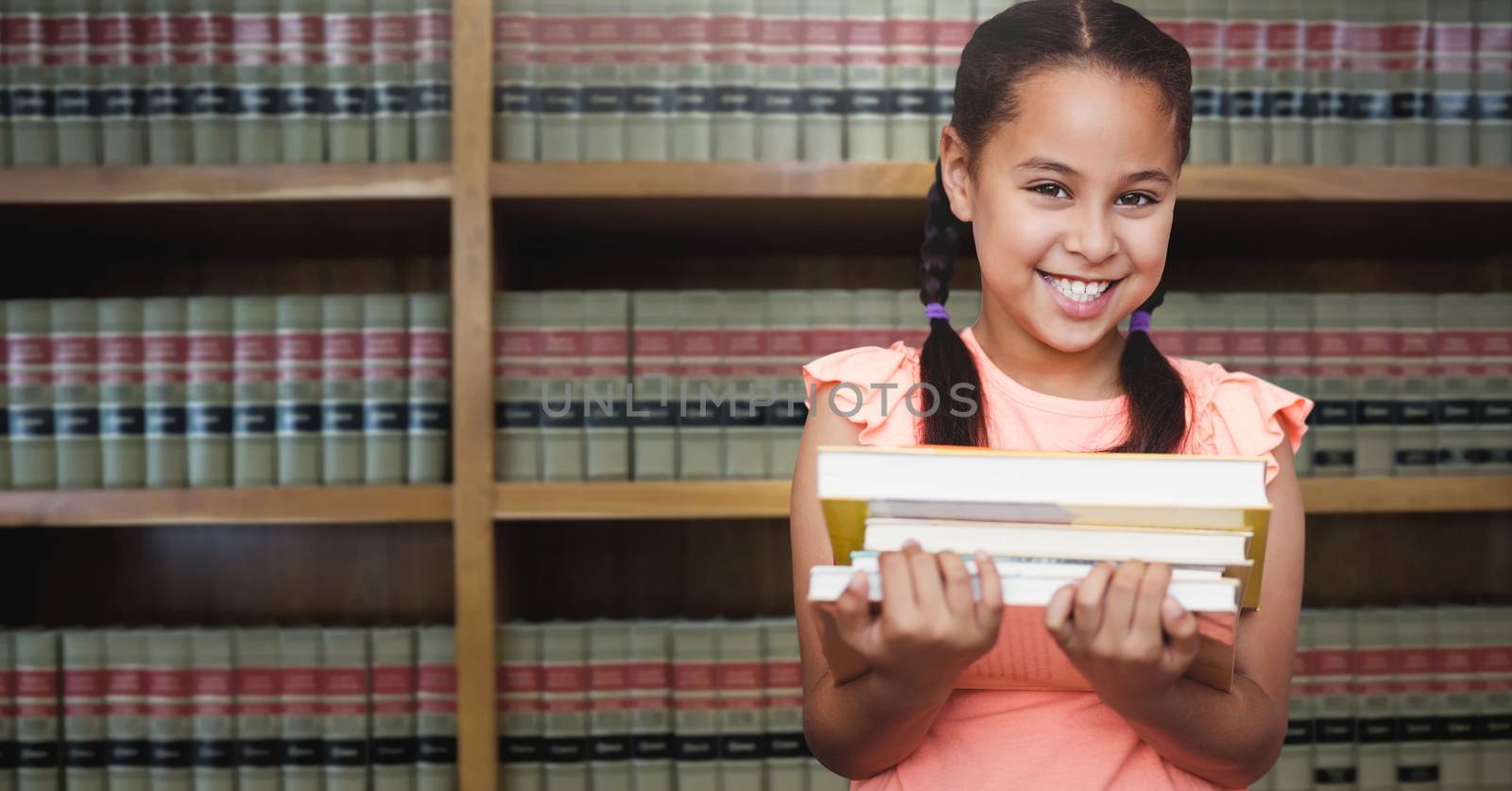 Digital composite of School girl in education library