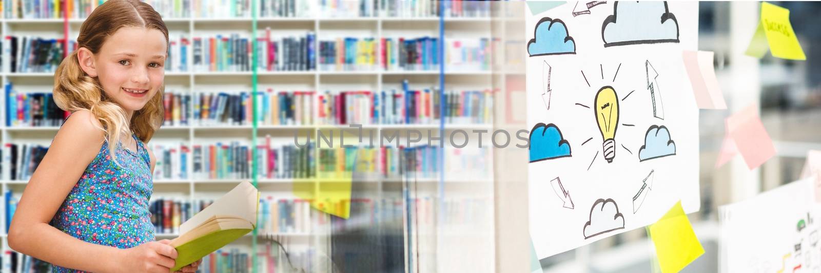 School girl in education library with transition by Wavebreakmedia