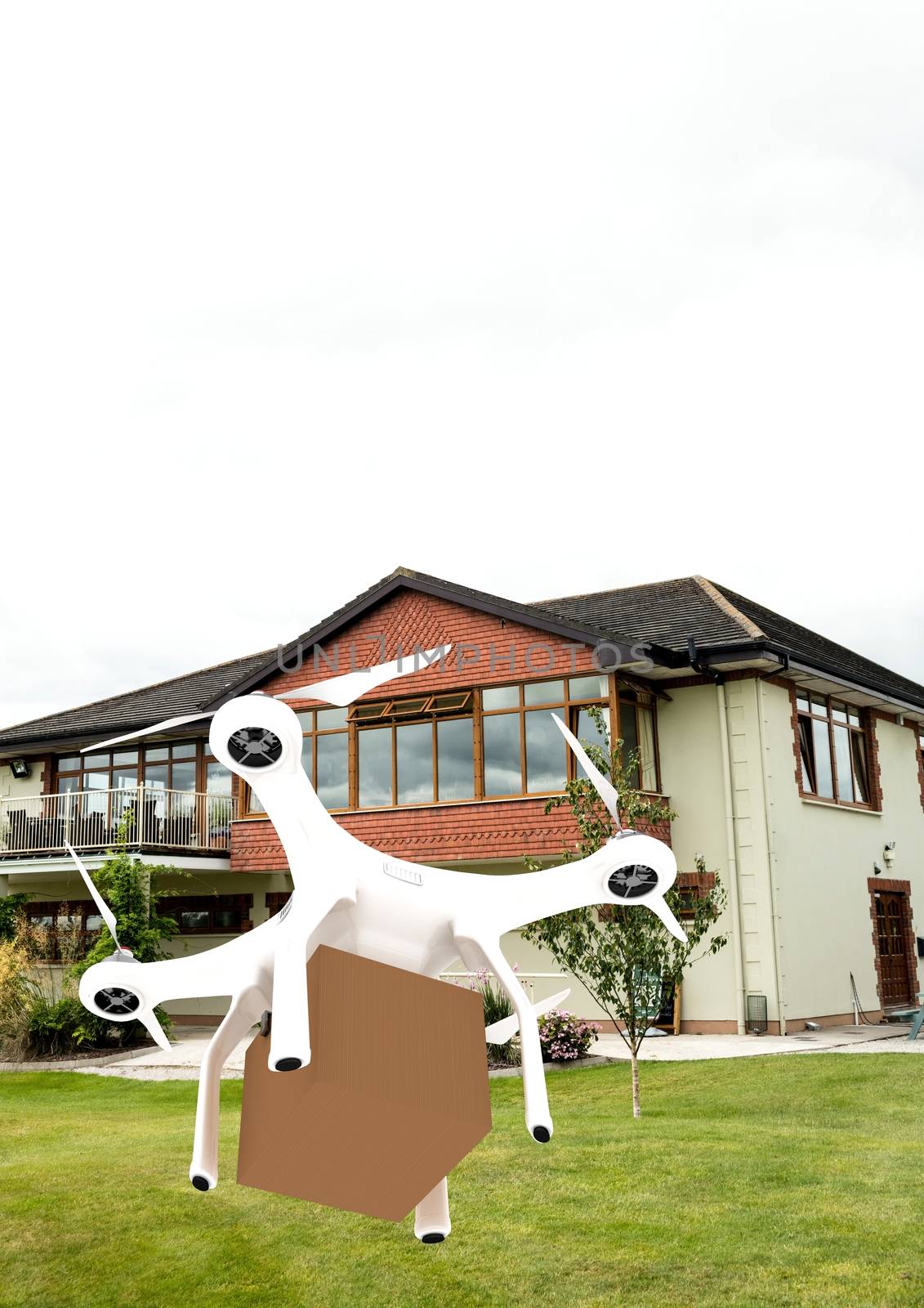 Digital composite of Drone flying by house with delivery parcel box