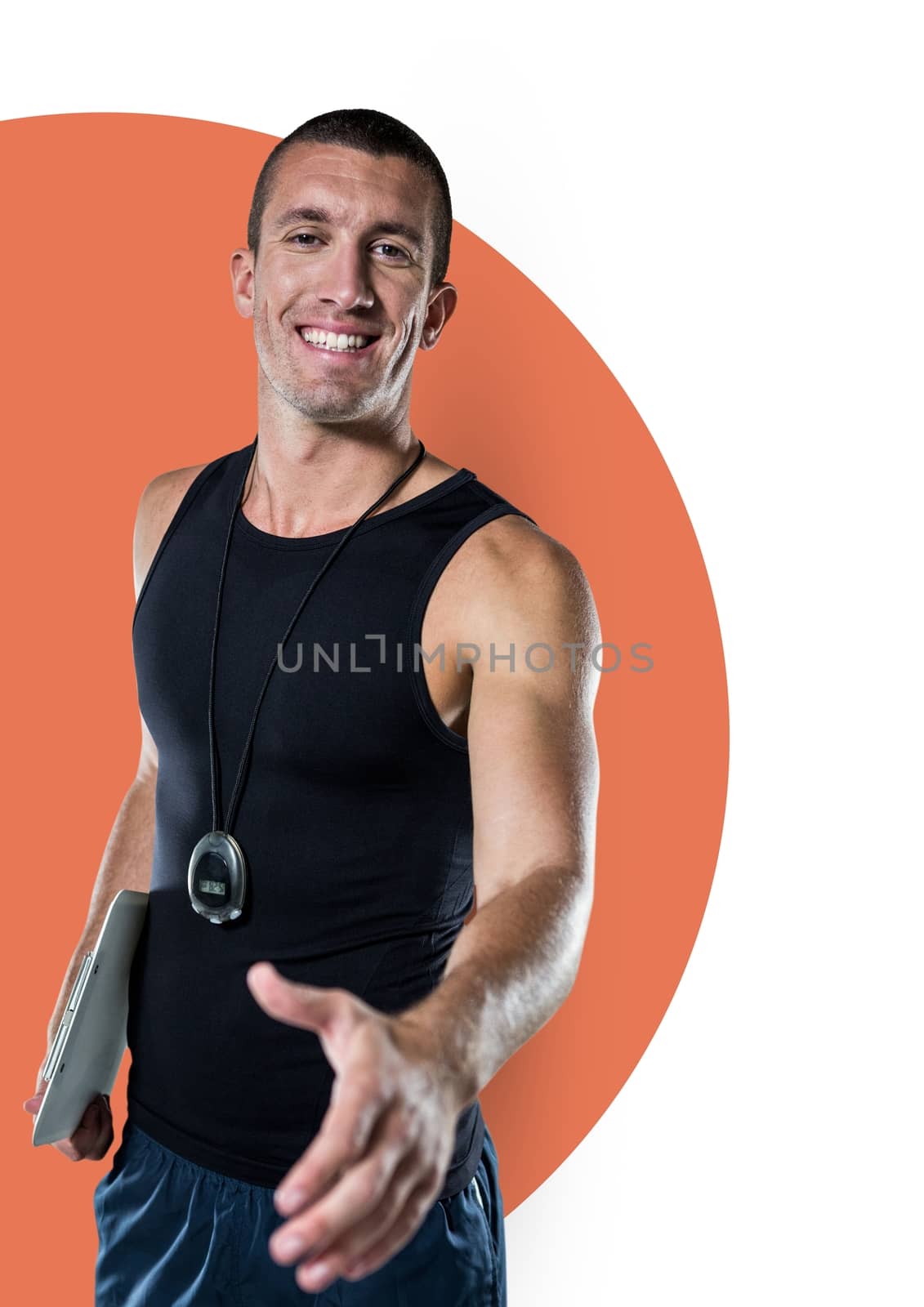 Digital composite of Composite image of personal trainer giving hand