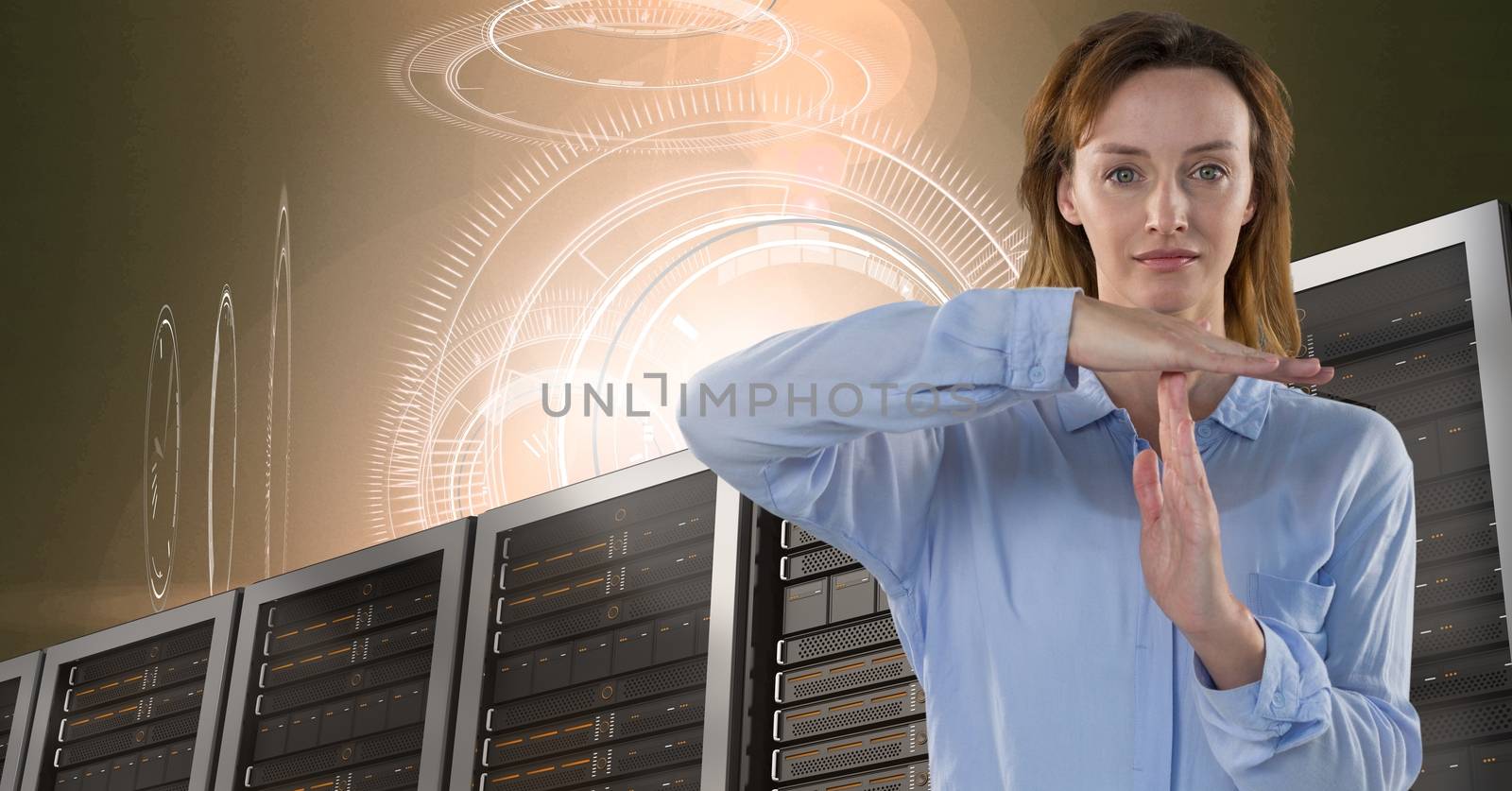 Digital composite of Woman with computer servers and technology information interface