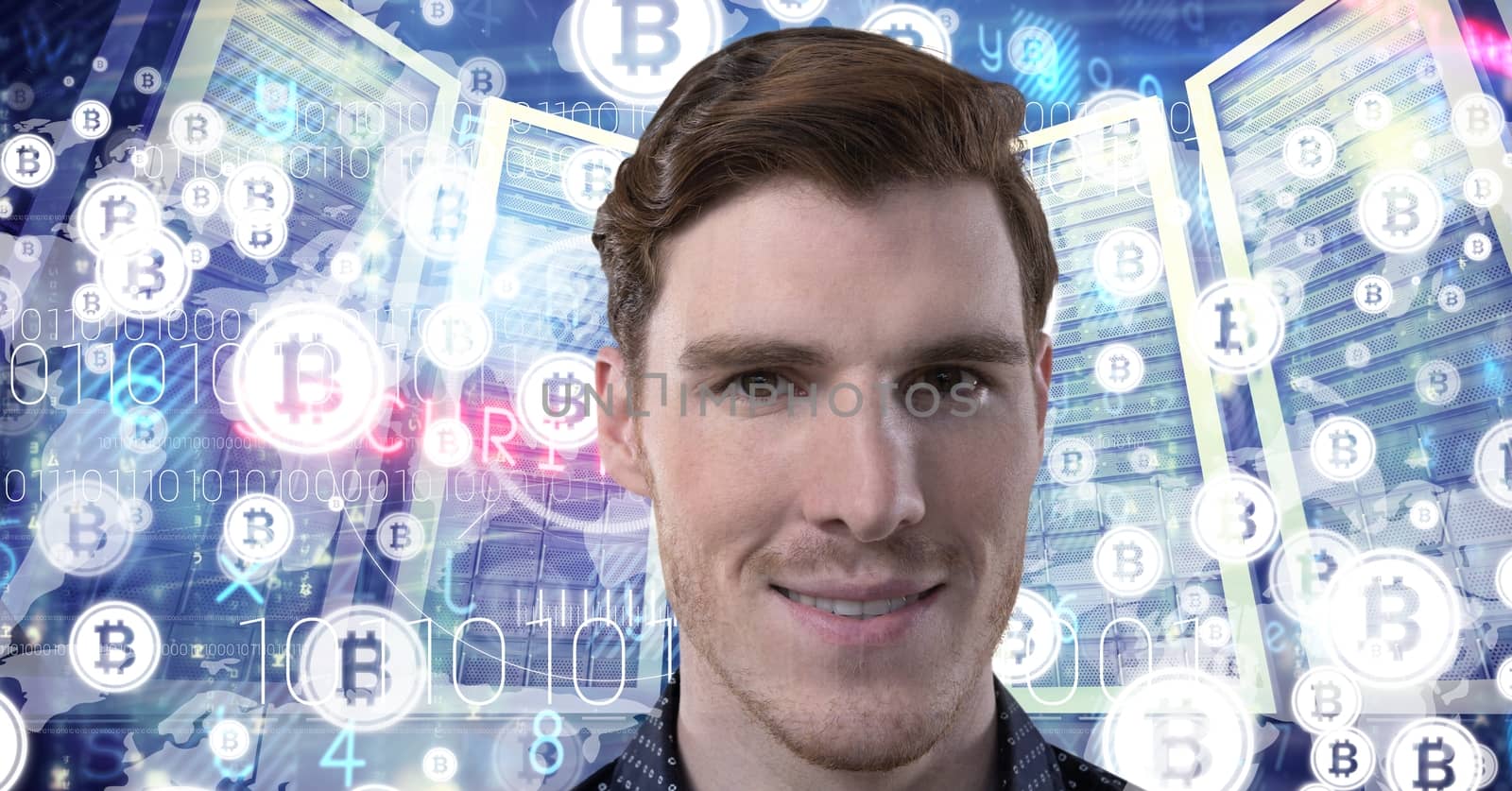 Man with computer servers and bitcoin technology information interface by Wavebreakmedia