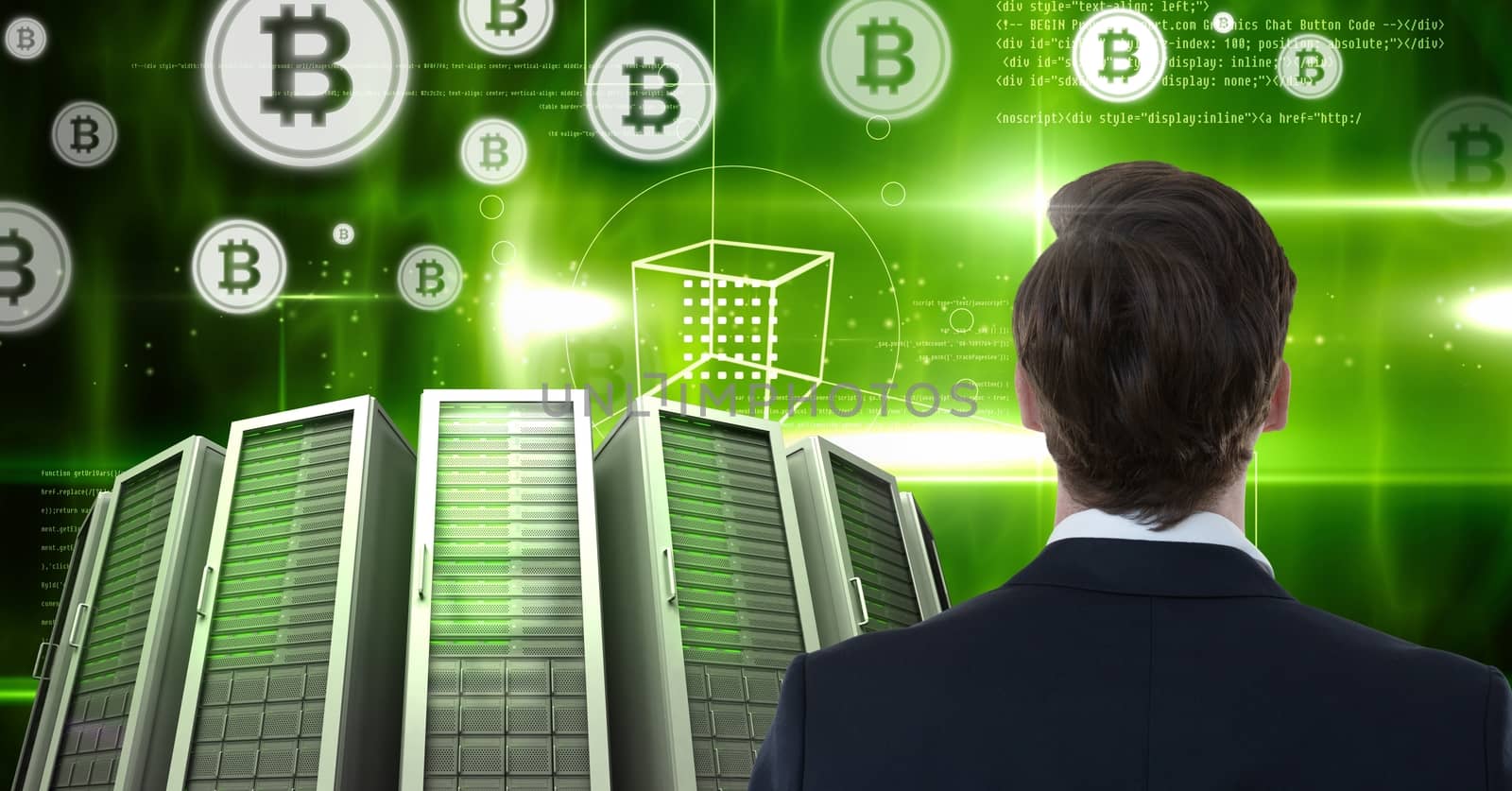 Man with computer servers and bitcoin technology information interface by Wavebreakmedia