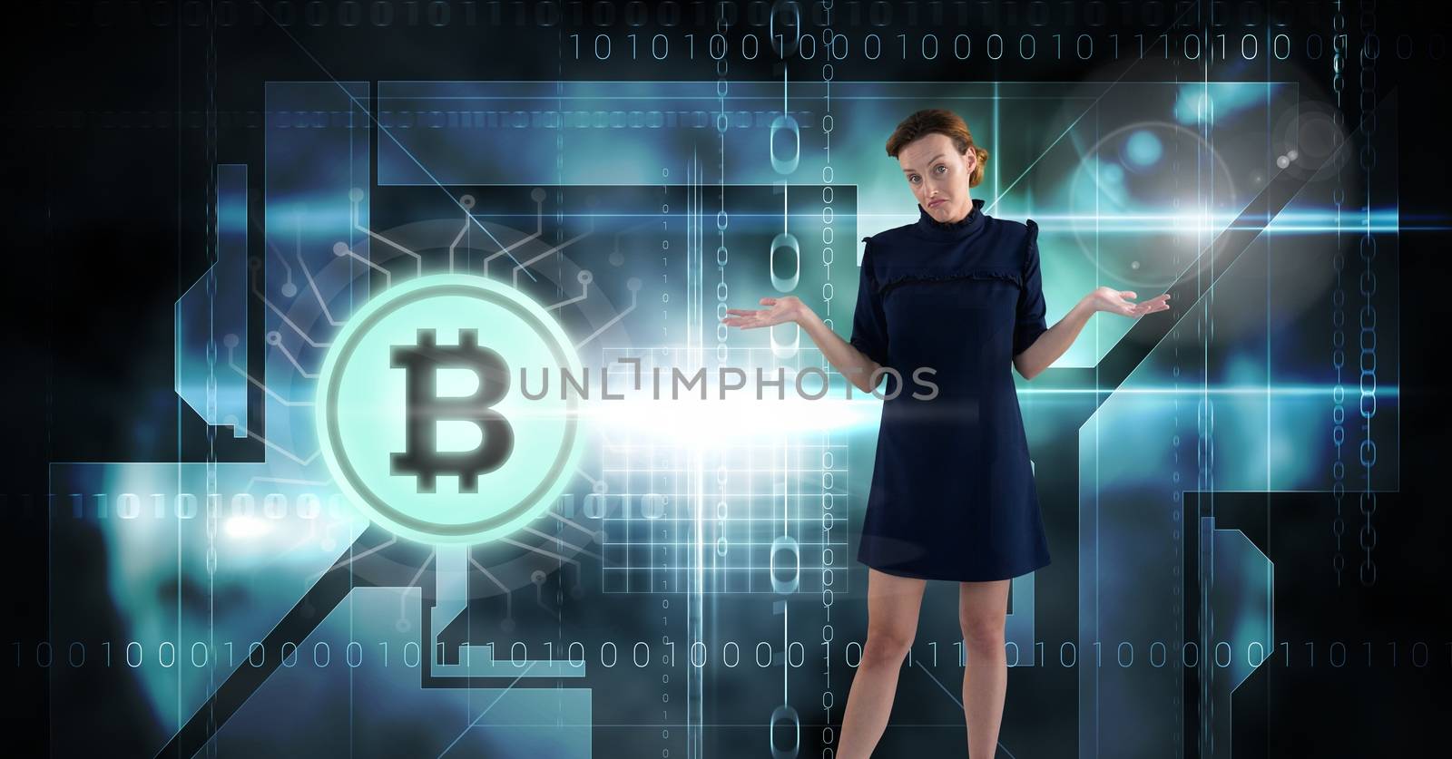 Woman with bitcoin technology information interface by Wavebreakmedia