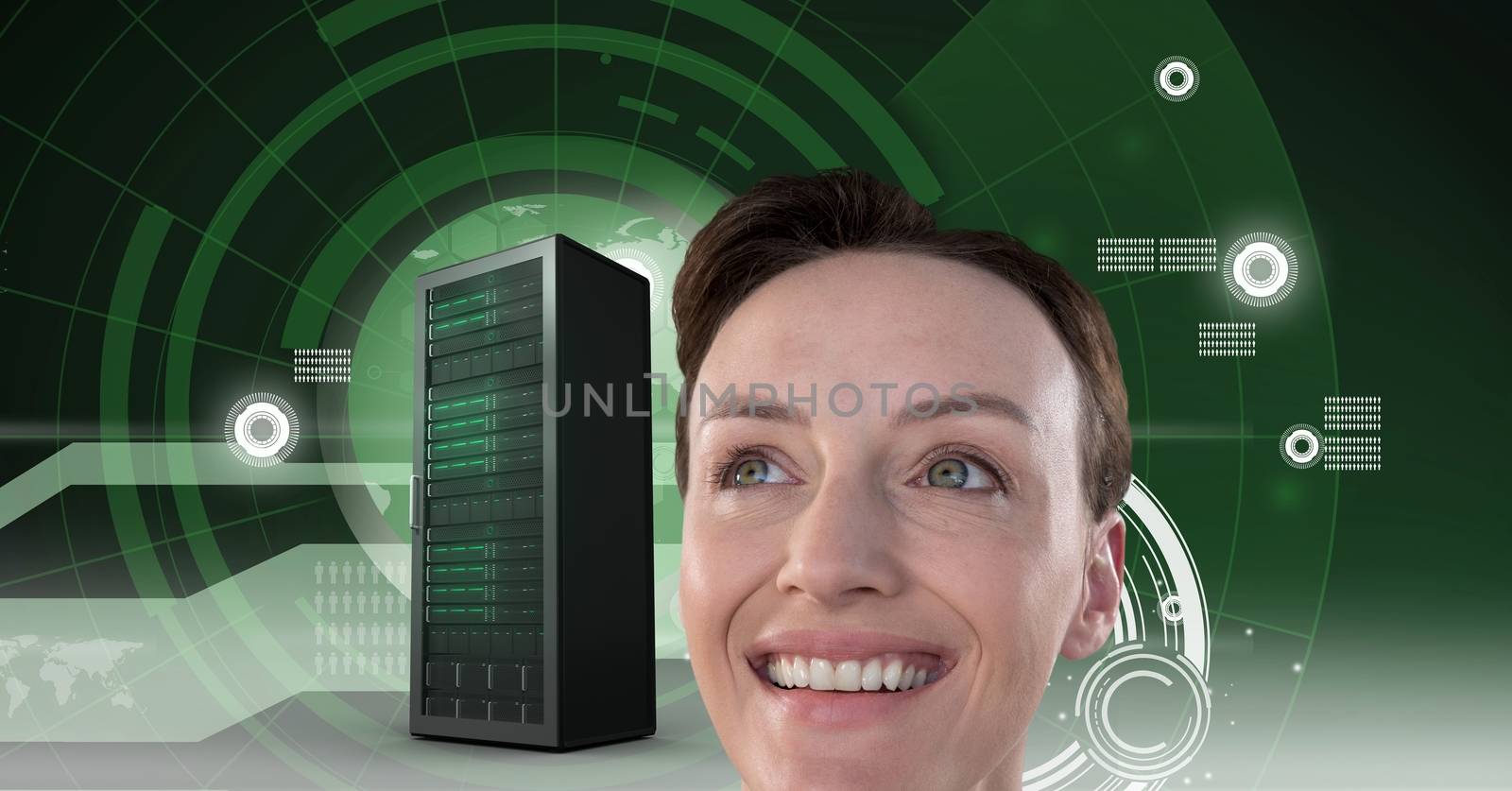 Digital composite of Woman with computer server and technology information interface