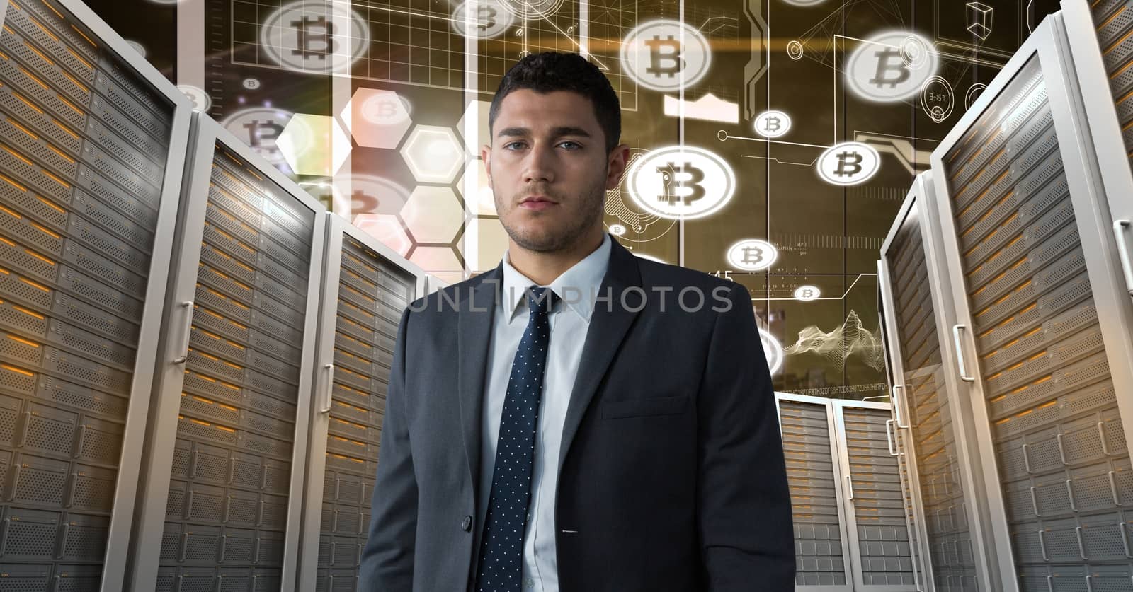 Man with computer servers and bitcoin technology information interface by Wavebreakmedia