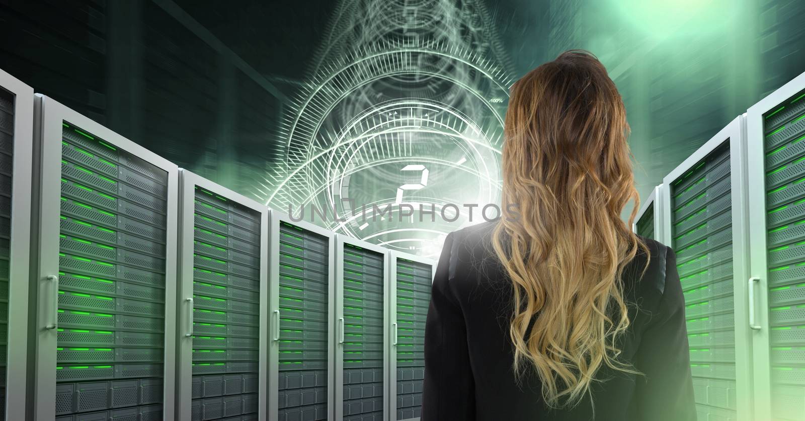 Digital composite of Woman with computer servers and technology information interface