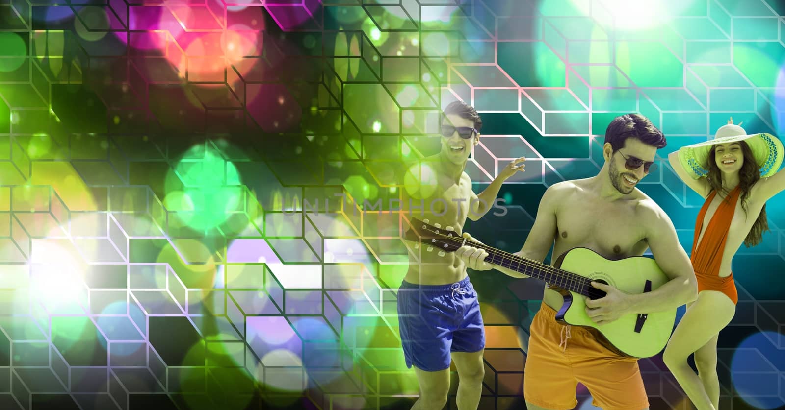 Digital composite of Fun Summer friends playing guitar with geometric party lights venue atmosphere