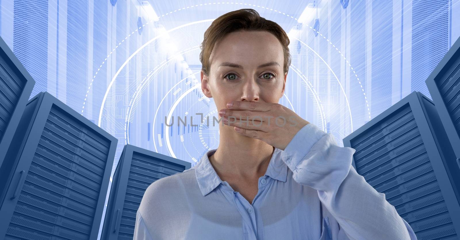 Digital composite of Woman with computer servers and technology information interface