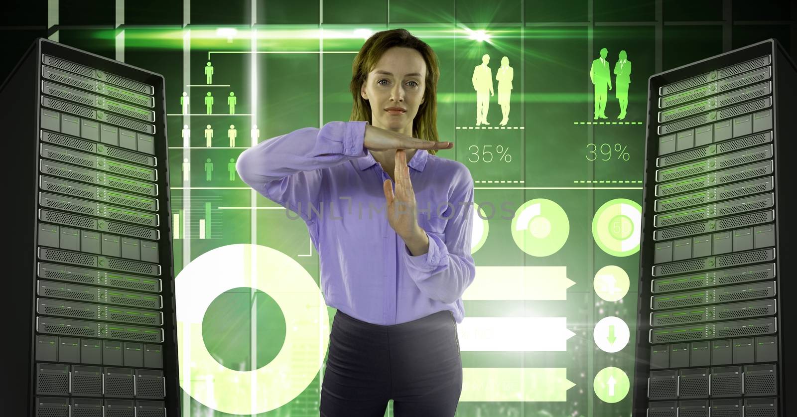 Woman with computer servers and technology information interface by Wavebreakmedia