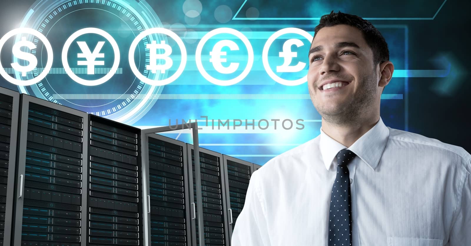 Man with computer servers and bitcoin technology information interface by Wavebreakmedia