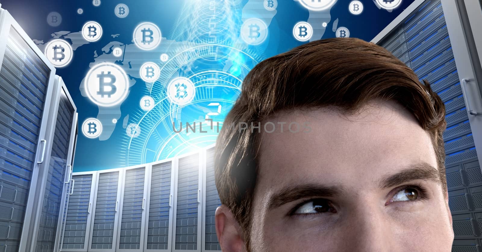 Man with computer servers and bitcoin technology information interface by Wavebreakmedia