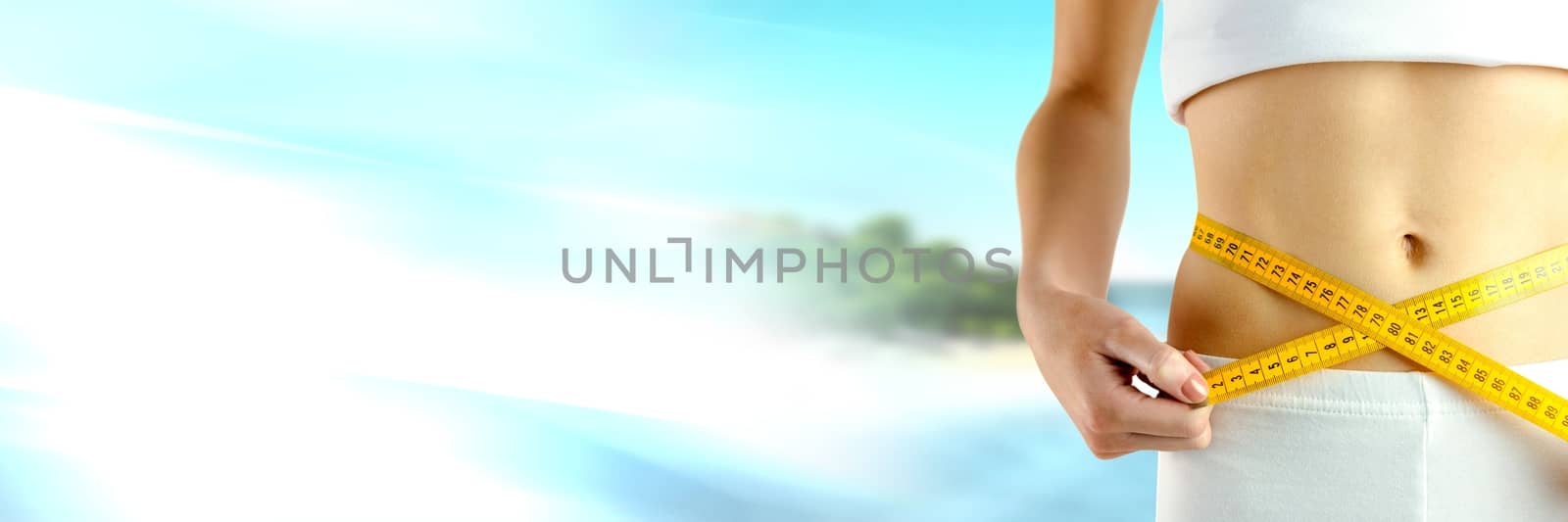 Digital composite of Woman measuring weight with measuring tape on waist on tropical paradise Summer beach with transitio