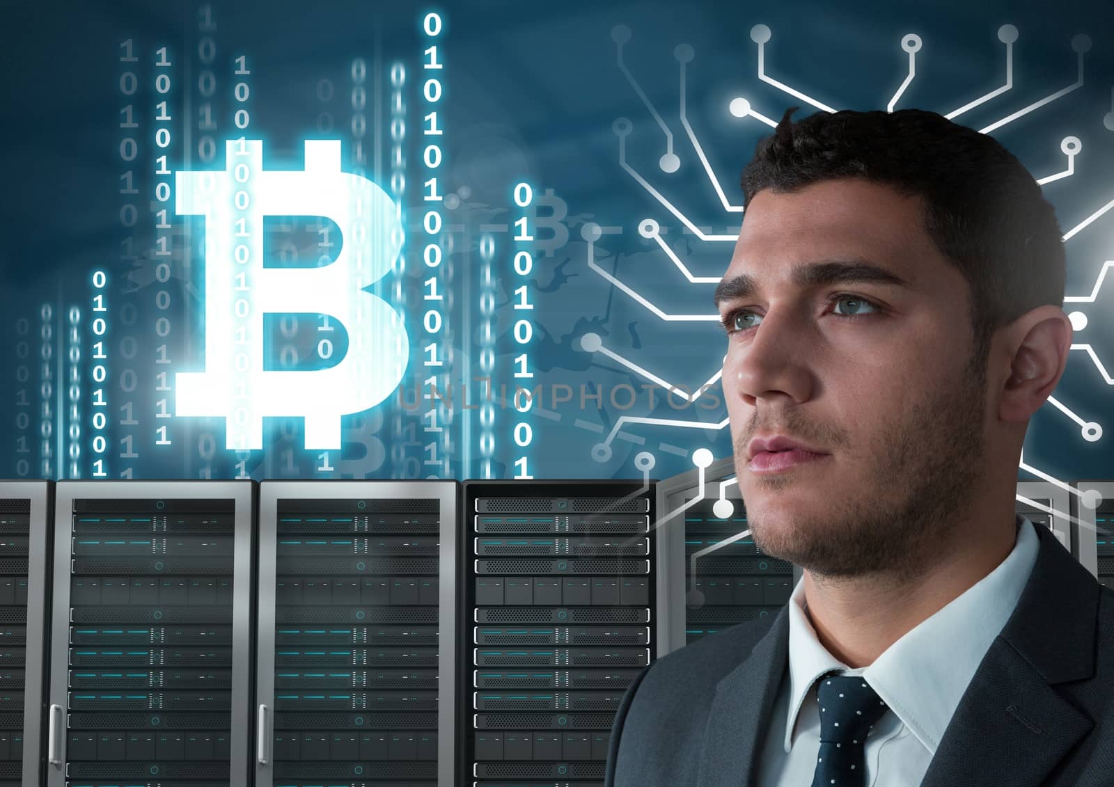 Man with computer servers and bitcoin technology information interface by Wavebreakmedia