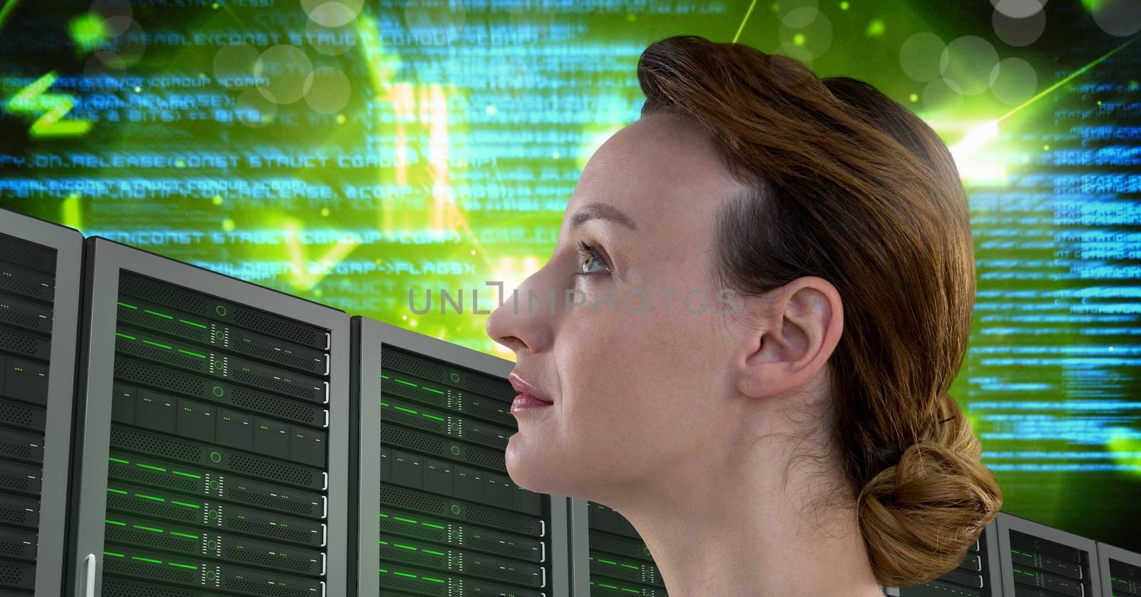 Woman with computer servers and technology code information interface by Wavebreakmedia