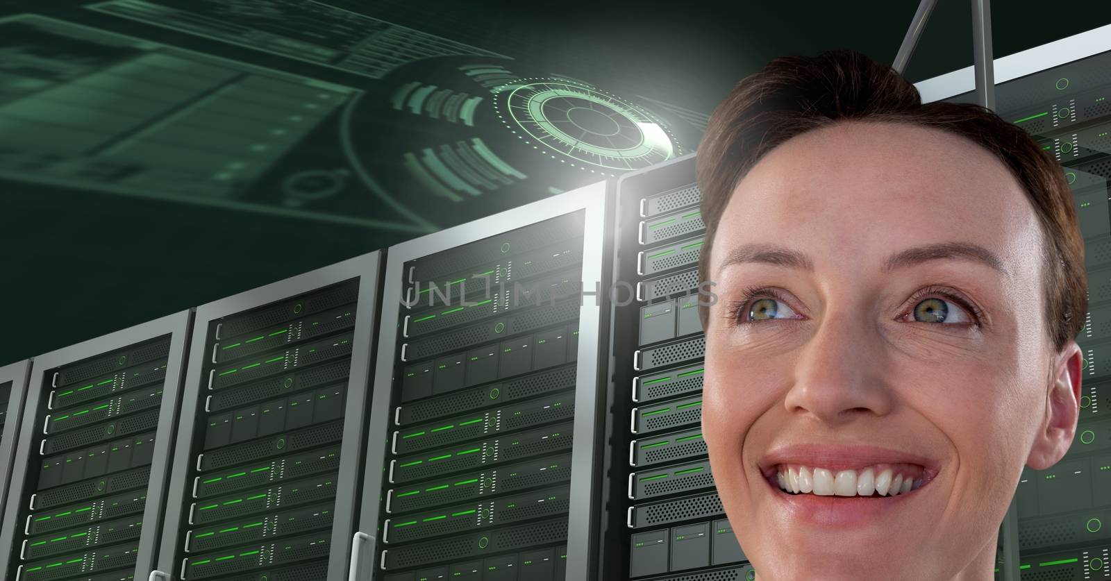 Digital composite of Woman with computer servers and technology information interface