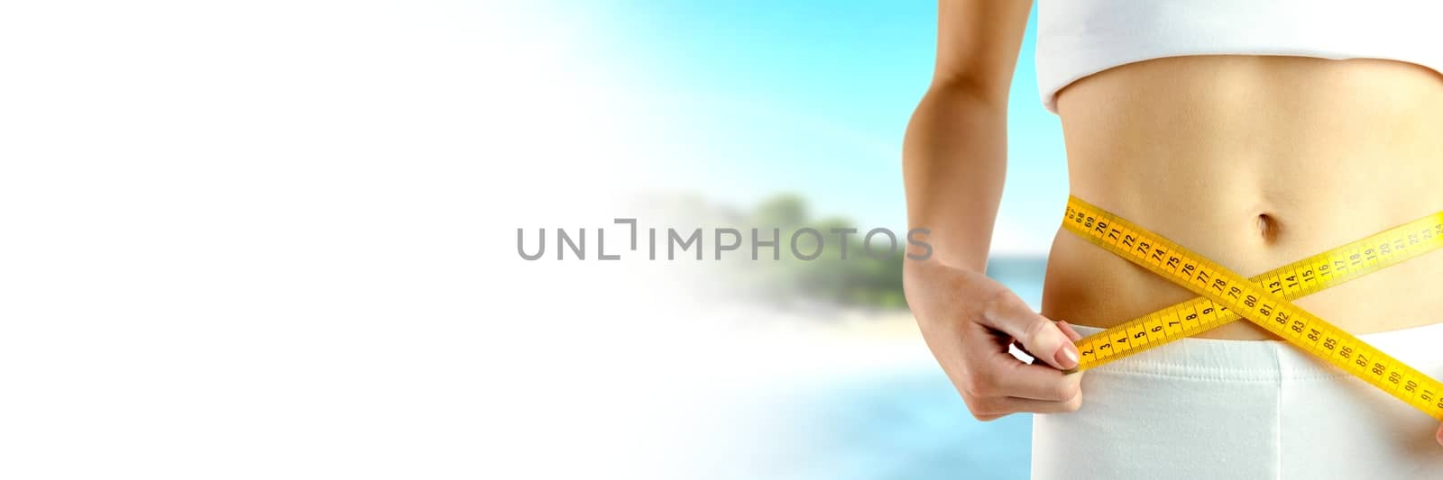 Digital composite of Woman measuring weight with measuring tape on waist on tropical paradise Summer beach with transitio