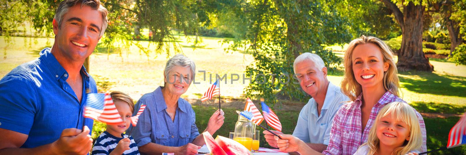 Portrait of family having picnic and holding american flag by Wavebreakmedia