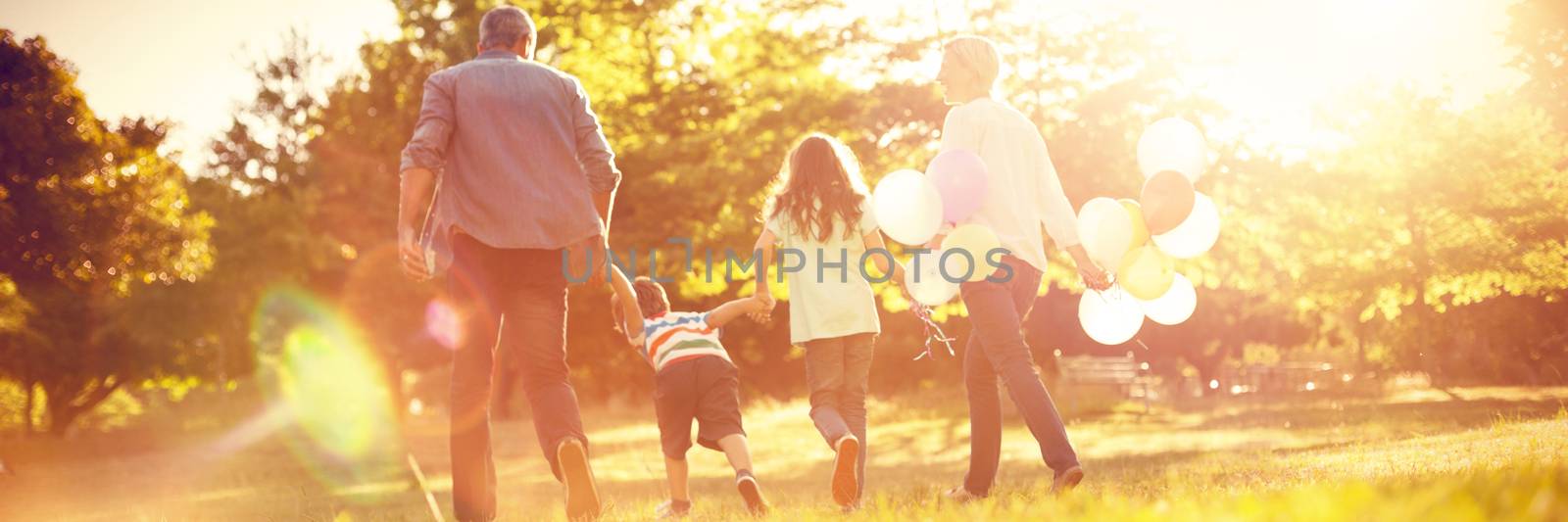 Happy family walking at park on sunny day 