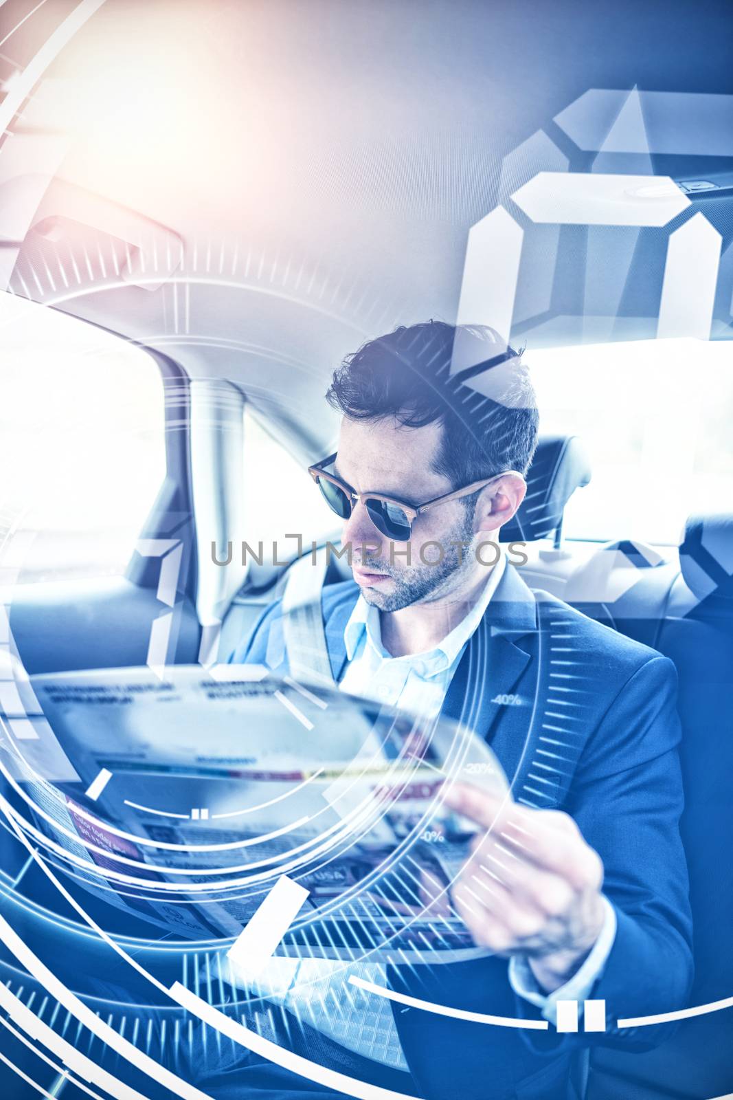 Interface dial countdown with timer in blue background against man reading newspaper at the back of the car