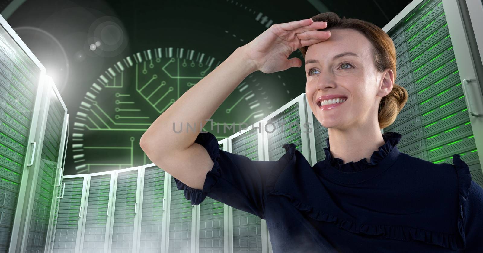 Woman with computer servers and technology information interface by Wavebreakmedia