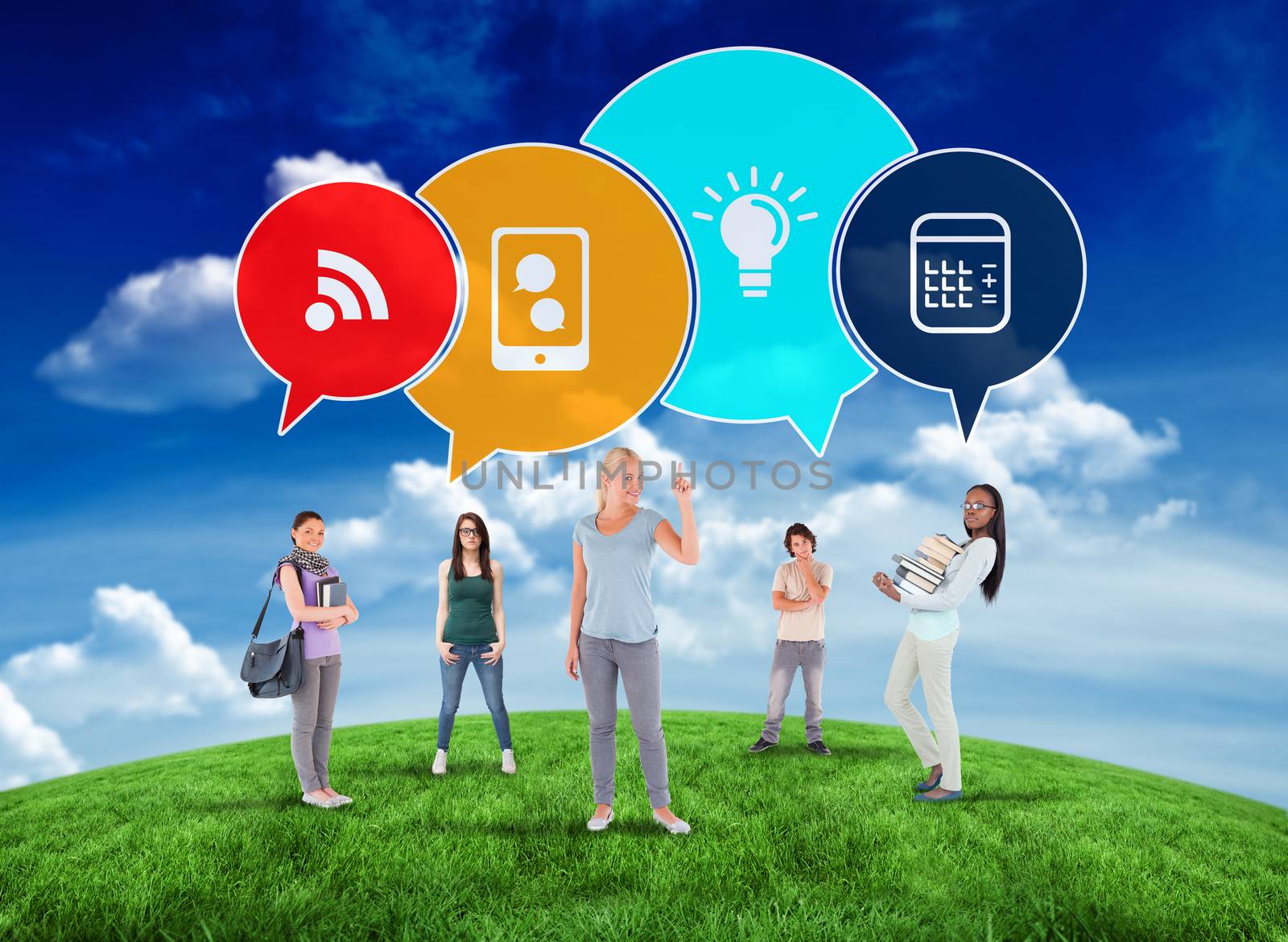 Composite image of happy students with speech bubbles against green field under blue sky