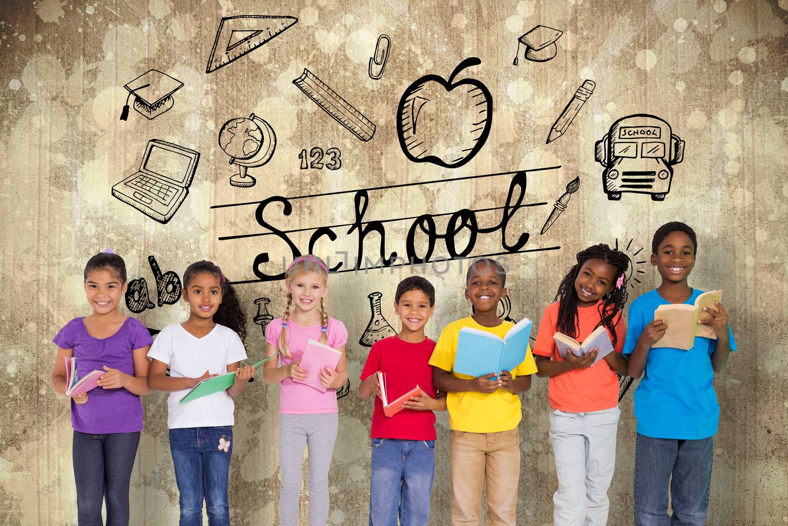 Composite image of elementary pupils reading books by Wavebreakmedia