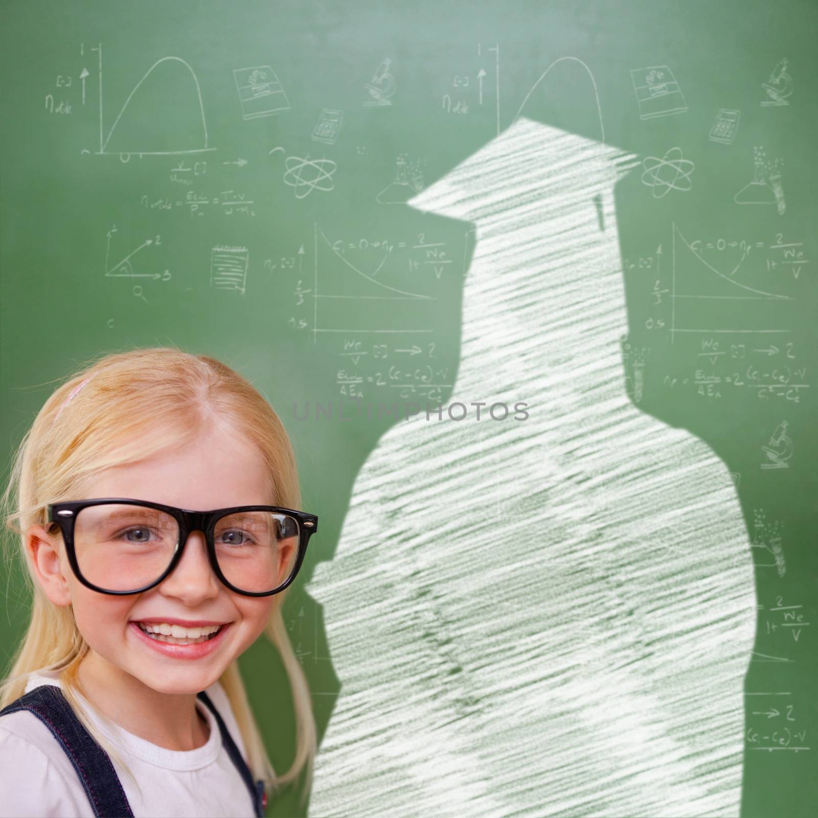 Composite image of cute pupil with graduate outline in classroom