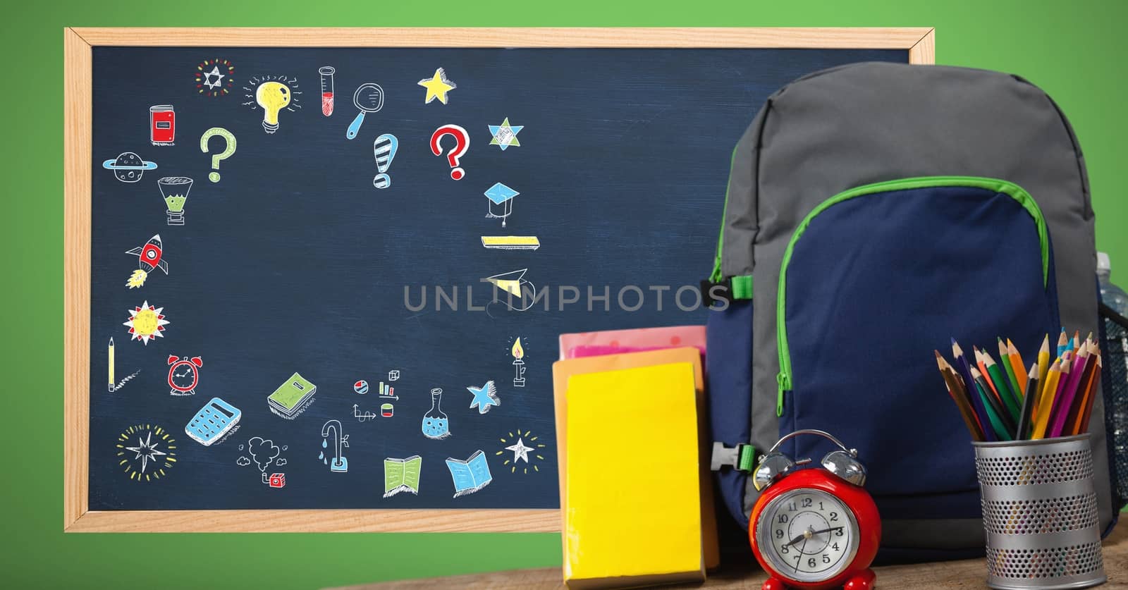 Digital composite of Education drawing on blackboard for school with school bag