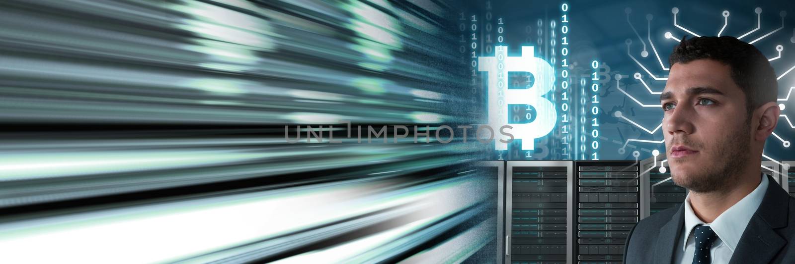 Digital composite of Man with computer servers and bitcoin technology information interface transition