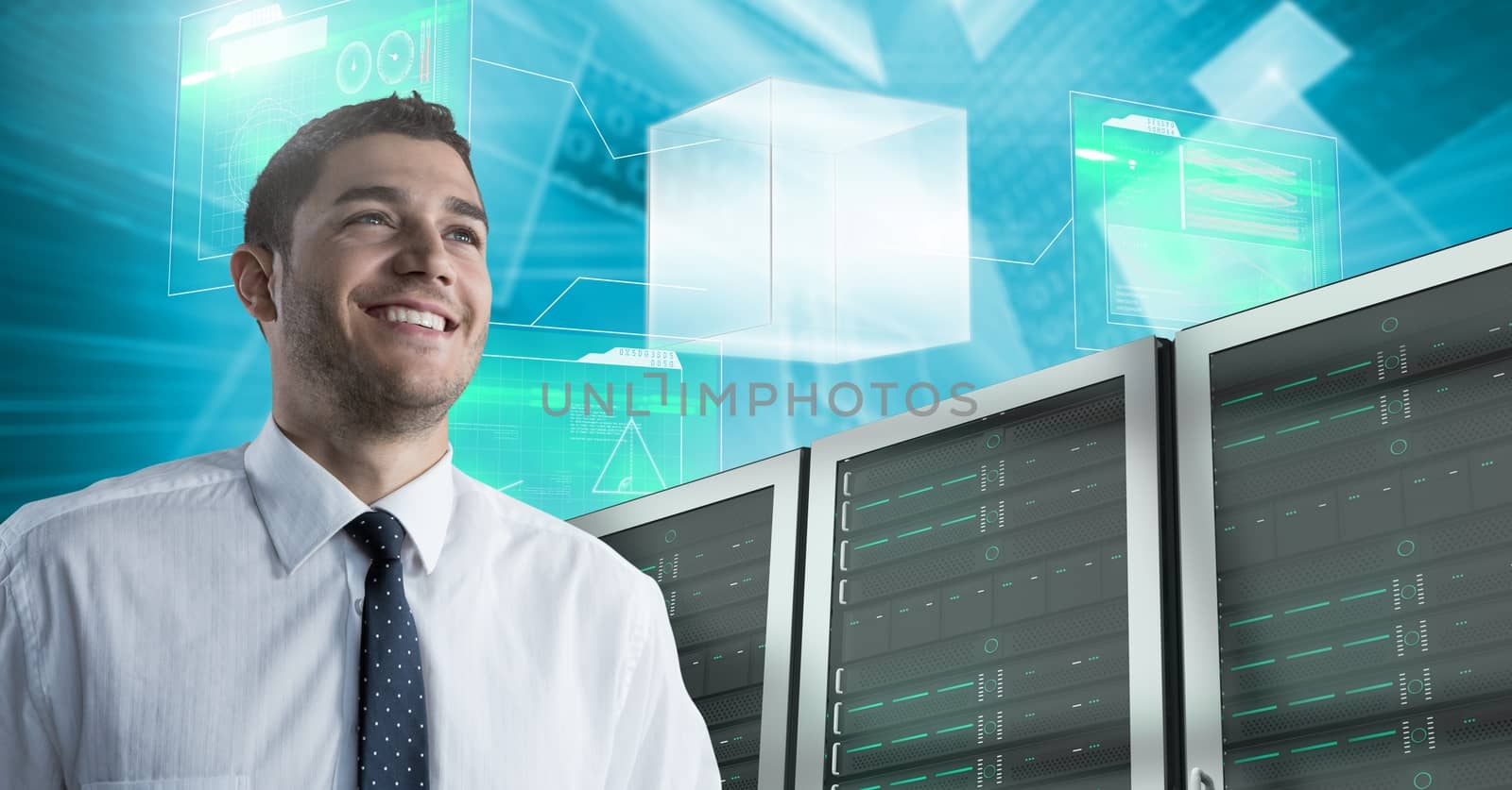 Digital composite of Man with computer servers and technology information interface