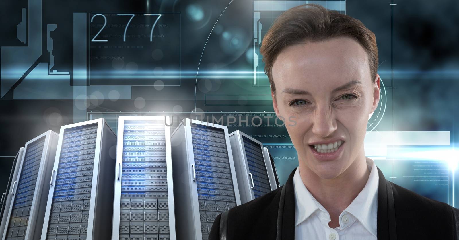 Digital composite of Woman with computer servers and technology information interface