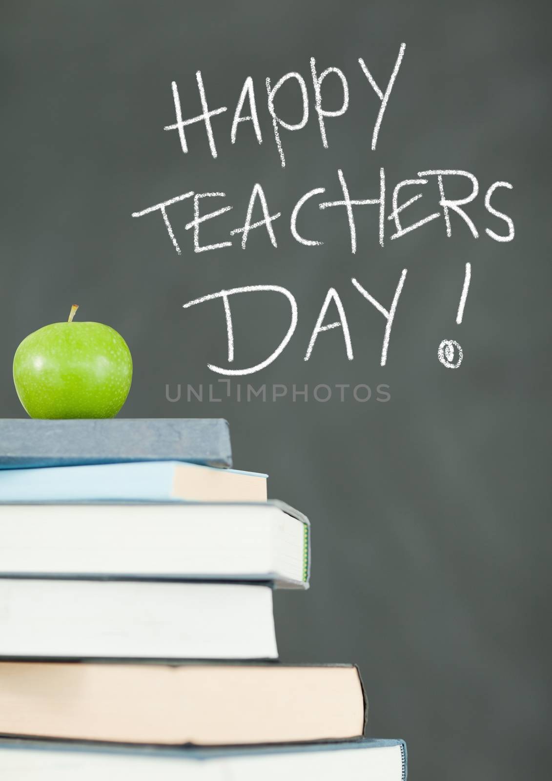 Happy teachers day on education blackboard with books and apple by Wavebreakmedia