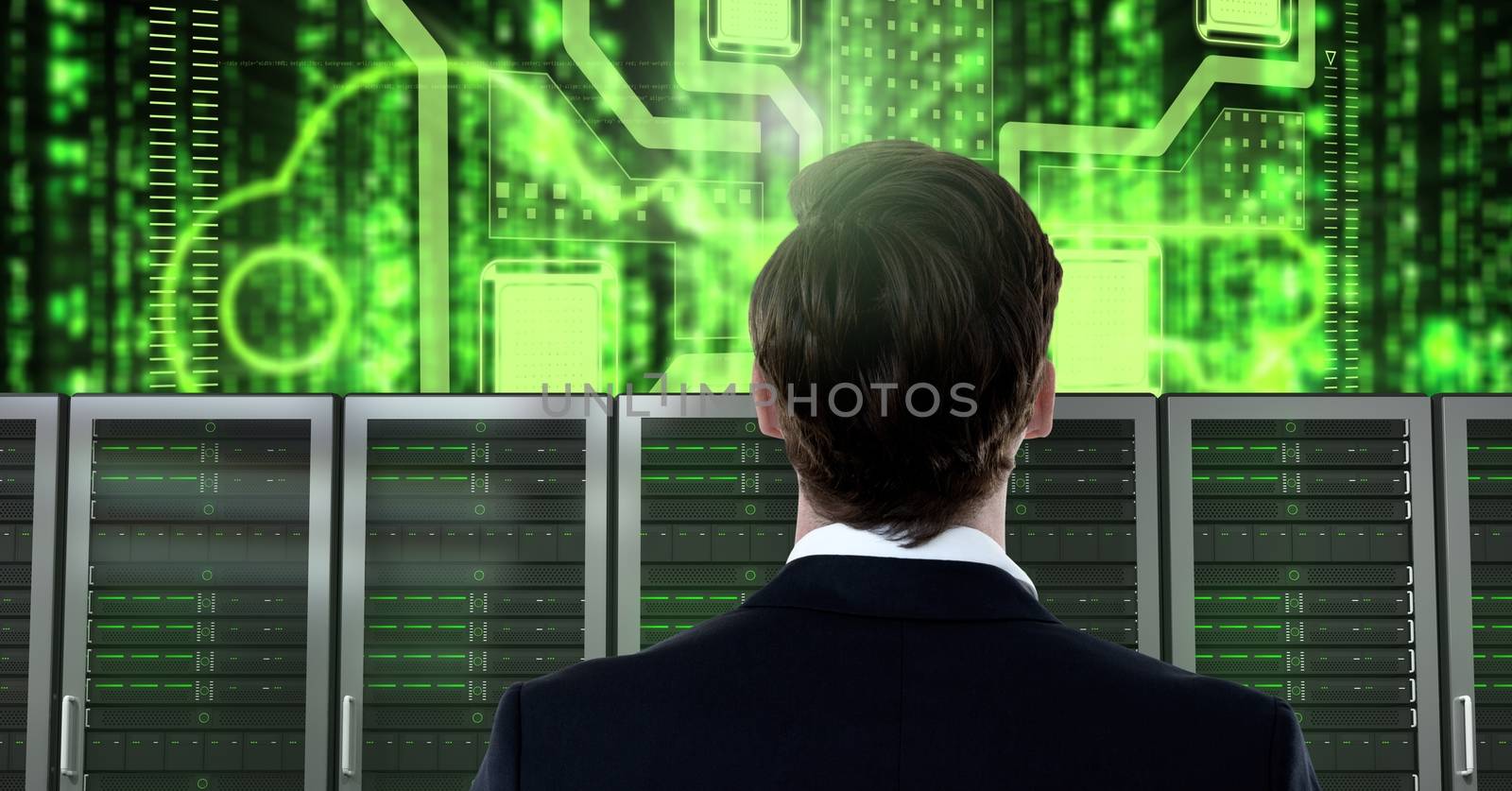 Businessman with computer servers and technology information interface by Wavebreakmedia