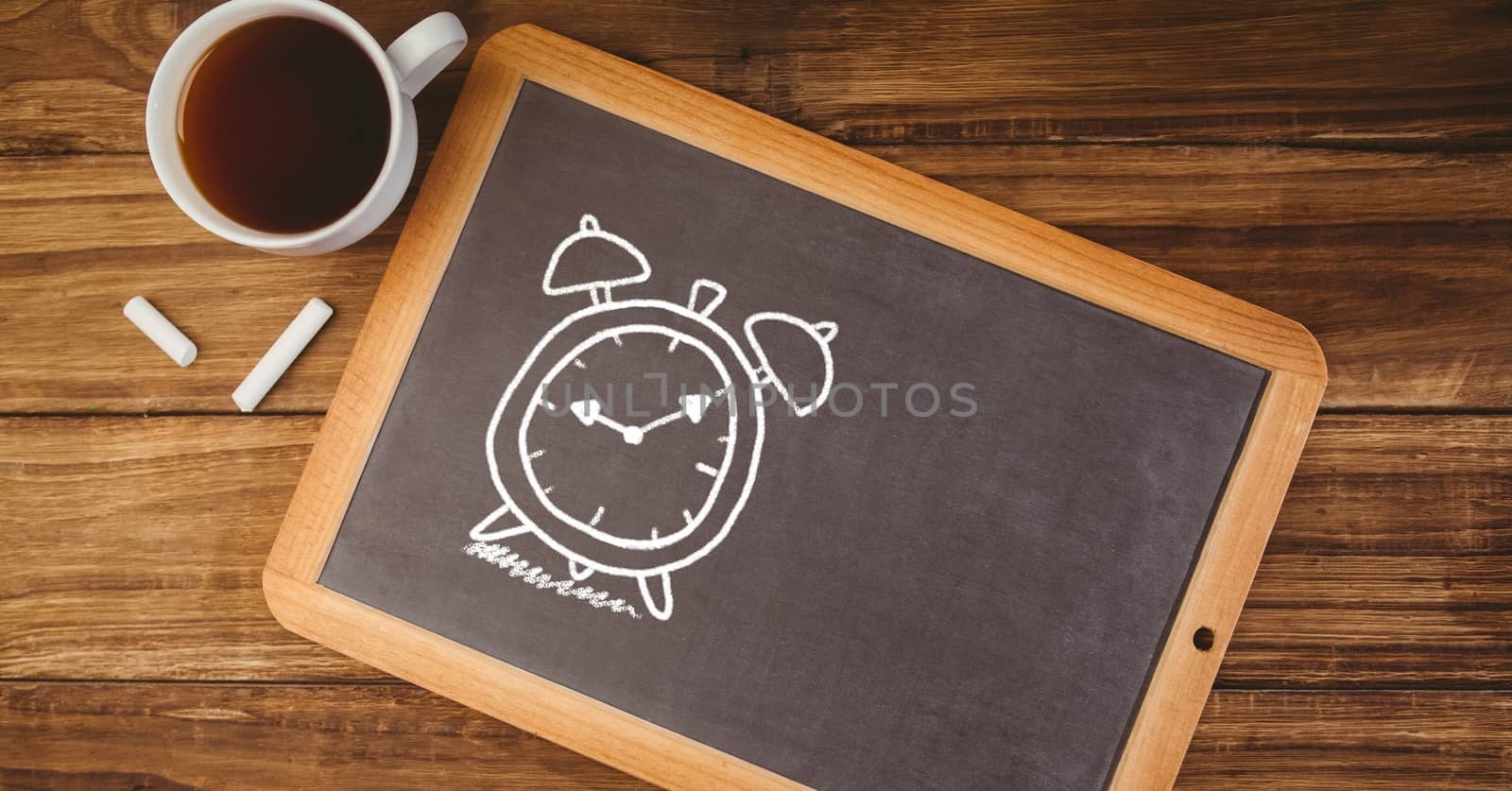 Digital composite of Clock time Education drawing on blackboard with coffee