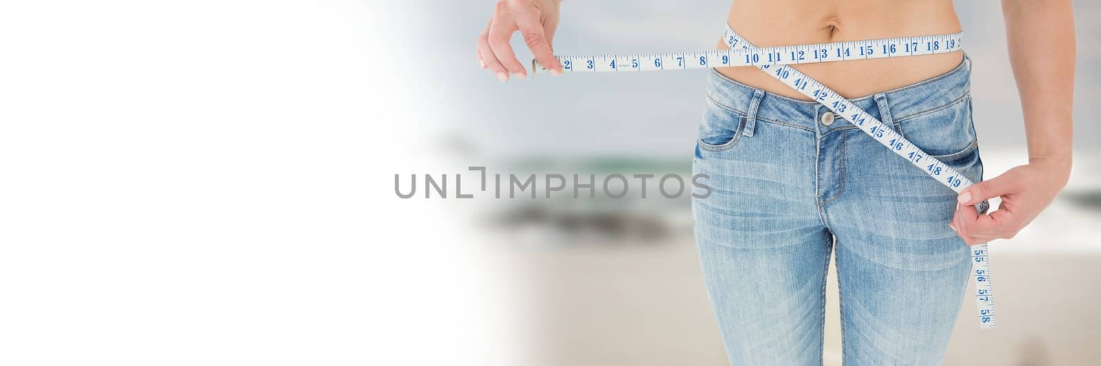 Digital composite of Woman measuring weight with measuring tape on waist on Summer beach with transition