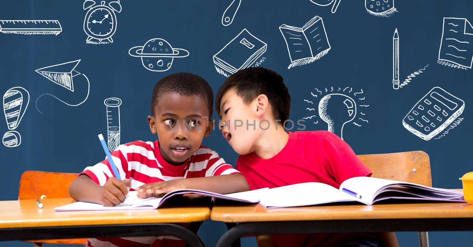 Digital composite of School boys at desk and Education drawing on blackboard for school