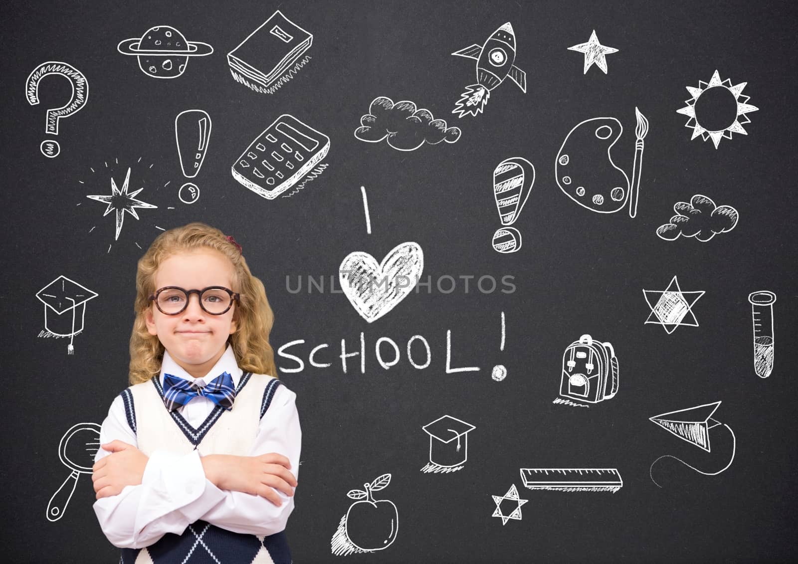 Digital composite of School girl and I love school Education drawing on blackboard