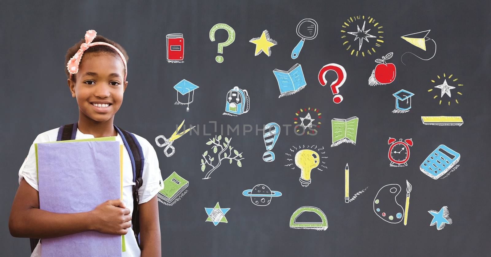 Digital composite of School girl and Education drawing on blackboard