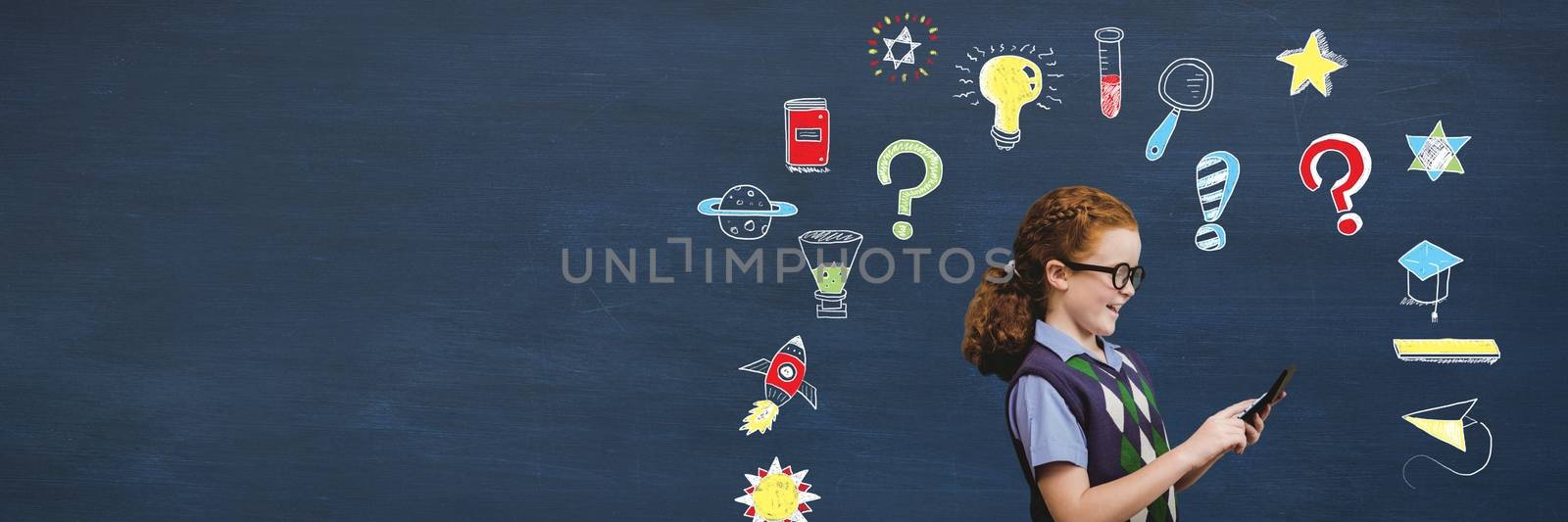 Digital composite of School boy and School girl holding phone and Education drawing on blackboard for school