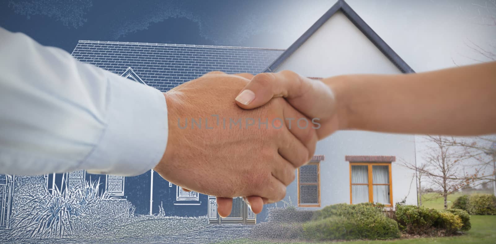 Cropped image of business people holding hands against pretty house with a blue and white filter