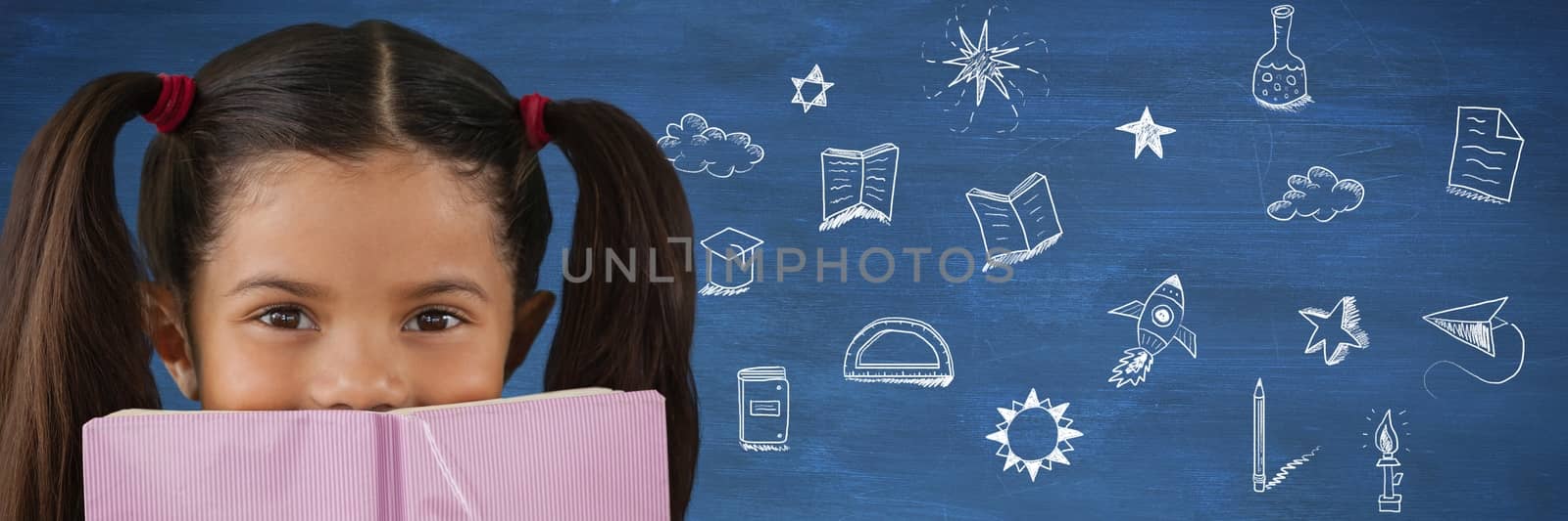Digital composite of School girl reading and Education drawing on blackboard for school