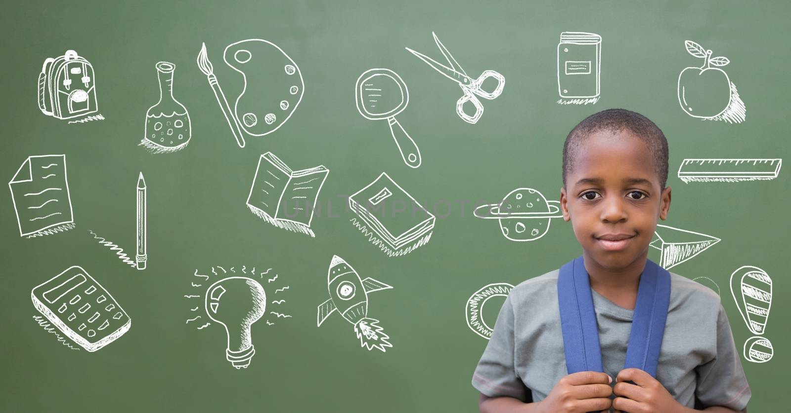 Digital composite of School boy and Education drawing on blackboard for school