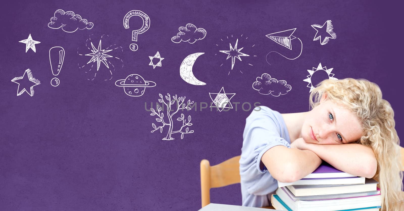 Tired dreaming girl and Education drawing on blackboard for school by Wavebreakmedia